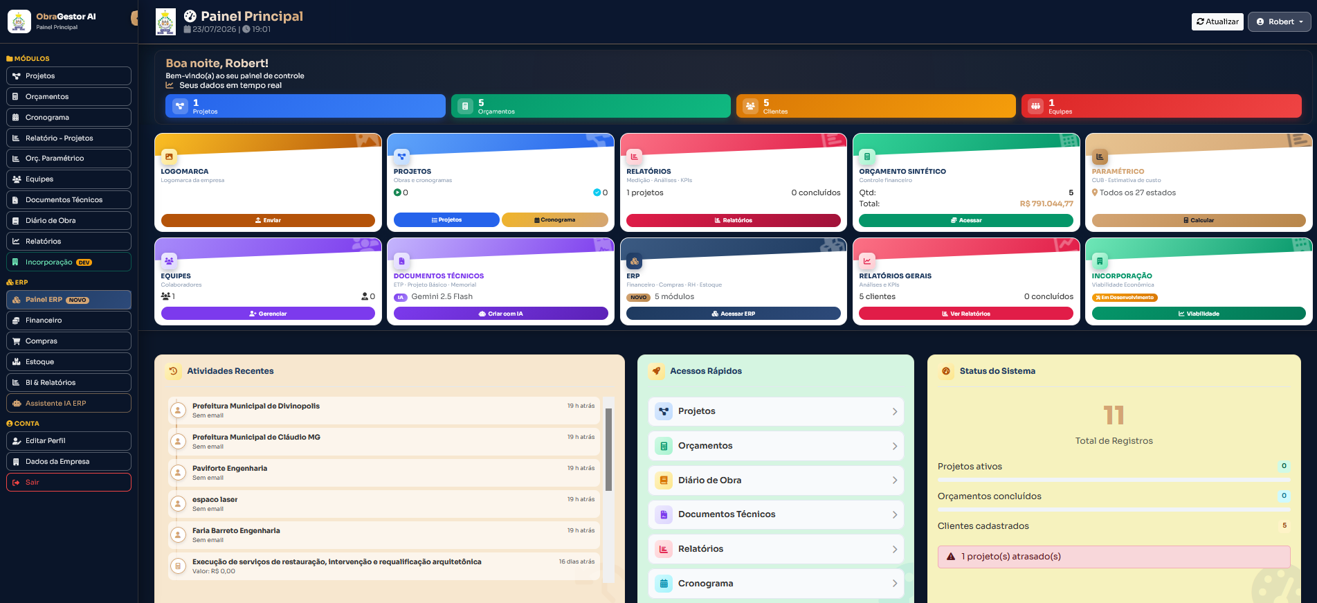 Painel principal do ObraGestor AI